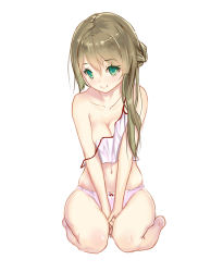 Rule 34 | 1girl, barefoot, bow, bow panties, breasts, brown hair, camisole, cleavage, closed mouth, collarbone, commentary request, crop top, full body, green eyes, hair over shoulder, looking at viewer, medium breasts, nachi (heikou sekai), navel, off shoulder, original, panties, seiza, shirt, simple background, sitting, smile, solo, underwear, underwear only, v arms, white background, white panties, white shirt