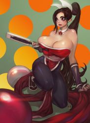 Rule 34 | 1girl, absurdres, adapted costume, areola slip, armor, bare shoulders, black hair, black legwear, breasts, cleavage, folded fan, covered erect nipples, detached collar, ear piercing, earrings, elsevilla, fatal fury, fingernails, folding fan, hair ribbon, hand fan, highres, huge breasts, impossible clothes, impossible leotard, japanese armor, jewelry, kote, leotard, lipstick, long hair, makeup, mascara, mole, mole on breast, mole under mouth, multiple moles, nail polish, no bra, on one knee, pelvic curtain, piercing, ponytail, purple eyes, purple nails, red leotard, red lips, ribbon, sash, shiranui mai, snk, solo, strapless, strapless leotard, stud earrings, tabi, the king of fighters, thick eyebrows, thick thighs, thighs, vambraces, very long hair, white ribbon, wing collar