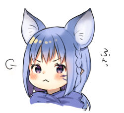 Rule 34 | 1girl, :&lt;, animal ears, blue hair, blush, braid, closed mouth, commentary request, facial mark, final fantasy, final fantasy xiv, lalafell, long hair, looking at viewer, midorikawa you, pointy ears, purple eyes, side braid, single braid, solo, v-shaped eyebrows