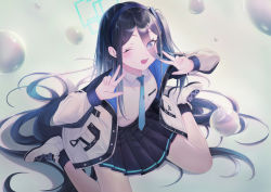 Rule 34 | 1girl, aqua necktie, aris (blue archive), black hair, black hairband, black skirt, black socks, blue archive, blue eyes, blue halo, blue necktie, blush, bow, bubble, fat123, hair between eyes, hair bow, hairband, halo, highres, jacket, long hair, looking at viewer, multicolored clothes, multicolored jacket, necktie, on floor, one eye closed, open clothes, open jacket, open mouth, pleated skirt, shirt, shoes, side ponytail, sitting, skirt, socks, solo, tagme, v, white shirt, wink