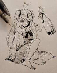 Rule 34 | 1girl, alcohol, barefoot, highres, hololive, photo (medium), pointy ears, pompmaker1, sitting, solo, traditional media, twintails, virtual youtuber, yukihana lamy