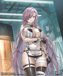 Rule 34 | 1girl, bandaged arm, bandages, bare shoulders, black gloves, blue eyes, breasts, cleavage, closed mouth, commentary request, copyright name, cuboon, evertale, garter straps, gloves, hair over one eye, highres, large breasts, lips, long hair, looking at viewer, official art, purple hair, see-through, simple background, sleeveless, solo, thighhighs, thighs