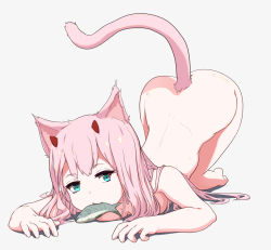 Rule 34 | 10s, 1girl, :3, absurdres, animal ears, aqua eyes, ass, babai hu, barefoot, cat ears, cat tail, commentary request, darling in the franxx, fingernails, fish, full body, grey background, highres, horns, kemonomimi mode, long hair, looking at viewer, mouth hold, nude, pink hair, simple background, solo, tail, top-down bottom-up, zero two (darling in the franxx)