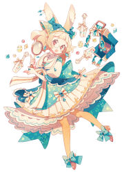 Rule 34 | 1girl, :o, animal ears, bespectacled, blonde hair, blue bow, blunt bangs, blush, bottle, bow, box, braid, brooch, buttons, commentary request, crown braid, crystal, crystal earrings, dress, earrings, floral print, full body, gem, glasses, hair bow, high heels, highres, holding, hoop earrings, index finger raised, jewelry, lace, lace-trimmed dress, lace trim, layered dress, looking at viewer, mirror, multiple earrings, nail polish, open mouth, orange pantyhose, original, pantyhose, pink nails, puffy short sleeves, puffy sleeves, rabbit ears, rabbit girl, red eyes, ribbon, rimless eyewear, round eyewear, short sleeves, simple background, sleeve cuffs, solo, striped, striped bow, tareme, uekura eku, white background