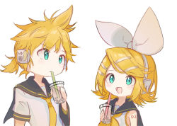 Rule 34 | 1boy, 1girl, absurdres, aqua eyes, bare shoulders, bass clef, black collar, blonde hair, bow, bubble tea, chibi, collar, commentary, cup, disposable cup, drink, drinking straw, drinking straw in mouth, hair bow, hair ornament, hairclip, headphones, highres, holding, holding cup, holding drink, kagamine len, kagamine rin, looking at another, neckerchief, necktie, note55885, open mouth, raised eyebrow, sailor collar, school uniform, shirt, short hair, short ponytail, short sleeves, shoulder tattoo, sleeveless, sleeveless shirt, smile, spiked hair, swept bangs, tattoo, treble clef, upper body, vocaloid, white background, white bow, white shirt, yellow neckerchief