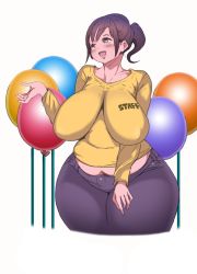 Rule 34 | 1girl, :d, balloon, belly, blush, breasts, brown eyes, brown hair, bursting belly, collarbone, covered erect nipples, curvy, denim, female focus, hair up, hand up, highres, huge breasts, impossible clothes, impossible shirt, jeans, navel, open mouth, original, pants, pantyhose, plump, ponytail, sagging breasts, shirt, short hair, simple background, smile, solo, thick thighs, thighs, tight clothes, tight pants, tight shirt, white background, wide hips, yellow shirt, yoru ha