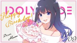 1girl :d birthday_cake black_hair blue_eyes cake character_name food happy_birthday highres idol idoly_pride long_hair looking_at_viewer nagase_mana open_mouth qp:flapper smile solo upper_body