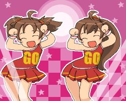 Rule 34 | 2girls, :d, ^ ^, ahoge, animated, animated gif, arms up, asami, blush stickers, brown hair, caramelldansen, checkered background, cheerleader, closed eyes, dancing, earrings, closed eyes, flat chest, hair ornament, jewelry, long hair, lowres, multiple girls, open mouth, pleated skirt, ponytail, short hair, short twintails, skirt, smile, star (symbol), thigh gap, twintails, wristband