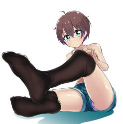 Rule 34 | 1girl, ahoge, bare shoulders, black thighhighs, blush, breasts, brown hair, feet, full body, green eyes, highres, medium breasts, new game!, no shoes, panties, pink panties, shinoda hajime, short hair, short shorts, shorts, simple background, sitting, soles, solo, thighhighs, t~t, underwear, upshorts, white background