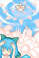 Rule 34 | 2girls, blonde hair, blue hair, bow, cirno, danmaku, closed eyes, hair bow, hand on head, hat, highres, lily white, multiple girls, open mouth, sky, touhou