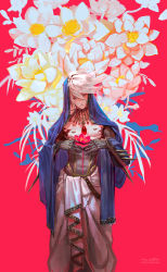 Rule 34 | 1boy, absurdres, alternate costume, bishounen, black gloves, black nails, blue eyes, chest jewel, collar, covered navel, egawa akira, fate/grand order, fate (series), fingernails, flower, gloves, hair between eyes, highres, holding, holding flower, hood, hood up, karna (fate), long fingernails, male focus, nail polish, parted lips, red background, red flower, signature, solo, spiked collar, spikes, standing, white flower, white hair, yellow flower