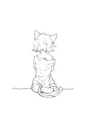 Rule 34 | 1girl, animal ears, ass, bottomless, cat ears, cat girl, cat tail, commentary, eroiroe, highres, lineart, monochrome, off shoulder, original, shirt, short hair, single bare shoulder, sitting, solo, t-shirt, tag, tail
