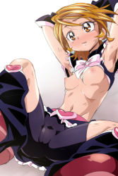 Rule 34 | 00s, 1girl, armpits, arms behind head, arms up, bike shorts, blonde hair, blush, breasts, brown eyes, brown hair, cameltoe, cure black, futari wa precure, heart, magical girl, misumi nagisa, navel, nipples, oimanji, parted lips, precure, short hair, sketch, small breasts, solo, spread legs, torn clothes