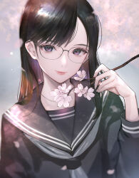 Rule 34 | 1girl, black-framed eyewear, black eyes, black hair, black sailor collar, black serafuku, branch, cherry blossoms, closed mouth, commentary request, flower, glasses, hand up, highres, hitowa, holding, holding branch, lips, looking at viewer, original, purple eyes, sailor collar, school uniform, serafuku, smile, solo, upper body