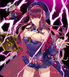 Rule 34 | 1girl, automaton (object), bare shoulders, belt, belt buckle, black headwear, book, breasts, buckle, cleavage, colonel olcott (fate), cosplay, detached collar, detached sleeves, dress, expressionless, fate/grand order, fate (series), grimoire, helena blavatsky (fate), helena blavatsky (fate) (cosplay), helena blavatsky (third ascension) (fate), lightning, long hair, looking at viewer, medium breasts, purple hair, red belt, red eyes, scathach (fate), strapless, strapless dress, tamaki mitsune