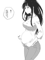 Rule 34 | 10s, 1girl, a (phrase), breasts, chitanda eru, comic, covered erect nipples, covered navel, female focus, greyscale, hyouka, long hair, medium breasts, monochrome, pants, pregnant, profile, shirt, simple background, smile, solo, speech bubble, standing, suesan, text focus, translated, white background