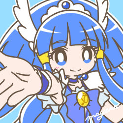 Rule 34 | 1girl, aoki reika, blue eyes, blue hair, blue theme, bow, bright pupils, choker, closed mouth, cure beauty, fake head wings, hair tubes, head wings, highres, long hair, looking at viewer, magical girl, mayena, outline, outstretched hand, precure, signature, smile, smile precure!, solo, tiara, upper body, white outline, wing earrings, wings, wrist cuffs