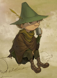 Rule 34 | 1boy, artist name, bad link, boots, brown cloak, brown eyes, brown footwear, brown hair, cloak, closed mouth, cup, green hat, green jacket, green pants, hat, hat feather, highres, holding, holding cup, jacket, log, long sleeves, male focus, moomin, mug, pants, scarf, sitting, sitting on log, smile, snufkin, solo, torn clothes, torn hat, uemura (uemuraichilog)
