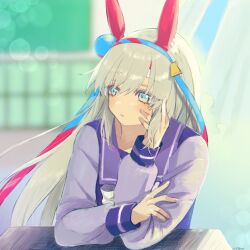 Rule 34 | 1girl, animal ears, blue eyes, blurry, blurry background, bokeh, bow, bowtie, depth of field, desk, ear covers, elbow rest, grey hair, hairband, hand on own cheek, hand on own face, highres, horse ears, indoors, light blush, long hair, long sleeves, looking to the side, maid headdress, open mouth, purple shirt, sailor collar, school desk, school uniform, shirt, sitting, solo, tamamo cross (umamusume), tracen school uniform, umamusume, urewi