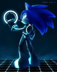 Rule 34 | 1boy, alternate costume, animal ears, artist name, blue background, blue hair, blue theme, bodysuit, chakram, closed mouth, from behind, full body, furry, furry male, gloves, glowing, green eyes, hand up, heart, holding, long hair, male focus, neon trim, sideways mouth, solo, sonic (series), sonic the hedgehog, spacecolonie, standing, tail, tron, tumblr username, weapon