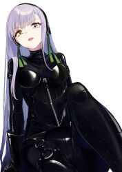 Rule 34 | 1girl, black bodysuit, black gloves, blush, bodysuit, breasts, coffeekite, elbow gloves, fate/grand order, fate (series), giant, giantess, gimp suit, gloves, green ribbon, hair ribbon, heterochromia, highres, kingprotea (fate), latex, latex bodysuit, long hair, looking at viewer, medium breasts, o-ring, purple eyes, purple hair, ribbon, solo, thighs, tongue, tongue out, very long hair, white background, xochitonal (fate), yellow eyes