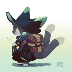 Rule 34 | 1other, androgynous, animal hat, animal nose, artist name, backpack, bag, barefoot, black hat, black robe, blue eyes, cat hat, cat tail, colored sclera, fewer digits, from side, full body, furry, green sclera, hat, highres, holding strap, jewelry, mouth hold, multiple tails, murayama ryota, no lineart, original, other focus, pendant, robe, simple background, sleeves past fingers, sleeves past wrists, stalk in mouth, standing, tail, two tails, white background, wide sleeves