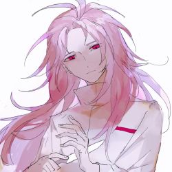 Rule 34 | 1boy, chinese commentary, closed mouth, commentary request, hand up, hatsutori hajime, high collar, highres, holding, holding knife, knife, long hair, long sleeves, male focus, pink eyes, pink hair, saibou shinkyoku, shirt, simple background, sketch, solo, upper body, vihua6, white background, white shirt