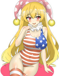 Rule 34 | 1girl, absurdres, american flag swimsuit, breasts, clownpiece, commentary request, groin, hat, highres, jester cap, large breasts, looking at viewer, one-piece swimsuit, open mouth, polka dot headwear, red eyes, school swimsuit, shirokumall, simple background, solo, swimsuit, thighhighs, touhou, white background
