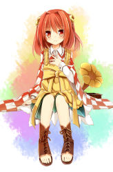 Rule 34 | 1girl, ankle boots, apron, bell, boots, character name, checkered clothes, checkered kimono, clothes writing, feet, hair bell, hair ornament, hand on own chest, japanese clothes, kimono, motoori kosuzu, phonograph, red eyes, red hair, shoes, sitting, solo, toeless footwear, toeless legwear, toes, touhou, twintails, two side up, wide sleeves, yuuhagi (amaretto-no-natsu)