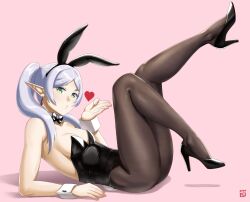 Rule 34 | 1girl, animal ears, black bow, black bowtie, black footwear, black hairband, black leotard, black pantyhose, blowing kiss, bow, bowtie, breasts, detached collar, elf, fake animal ears, fake tail, finalcake, frieren, frieren blowing a kiss (meme), green eyes, grey hair, hairband, heart, high heels, highleg, highleg leotard, highres, leotard, long hair, lying, mage staff, medium breasts, meme, o3o, on back, pantyhose, parted bangs, playboy bunny, pointy ears, puckered lips, rabbit ears, rabbit tail, solo, sousou no frieren, strapless, strapless leotard, tail, traditional bowtie, twintails, wrist cuffs