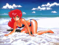 Rule 34 | 1980s (style), 1girl, akaishizawa takashi, all fours, artist name, barefoot, beach, bikini, blue bikini, dated, day, halterneck, halterneck, long hair, magami eiko, non-web source, ocean, official art, oldschool, outdoors, parted lips, project a-ko, red eyes, red hair, retro artstyle, side-tie bikini bottom, solo, swimsuit, water