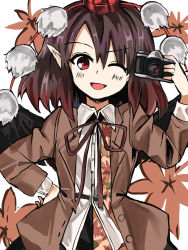 Rule 34 | 1girl, adapted costume, autumn leaves, belt, bird wings, black belt, black skirt, black wings, blush, breasts, brown hair, brown jacket, brown ribbon, camera, collared shirt, feathered wings, hand on own hip, happy, hat, highres, holding, holding camera, jacket, leaf, leaf print, long sleeves, looking at viewer, maple leaf, one eye closed, open clothes, open jacket, open mouth, pointy ears, pom pom (clothes), red eyes, red headwear, ribbon, shameimaru aya, shirt, short hair, simple background, skirt, small breasts, sutaku77224, tengu, tokin hat, touhou, upper body, white background, white shirt, wings
