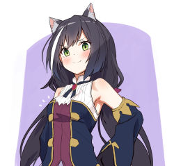 Rule 34 | 1girl, animal ear fluff, animal ears, black hair, blush, breasts, cat ears, cat girl, closed mouth, detached sleeves, fang, green eyes, highres, karyl (princess connect!), long hair, low twintails, multicolored hair, princess connect!, simple background, skin fang, small breasts, smile, solo, split mouth, streaked hair, takanashi kei (hitsujikan), twintails, two-tone background, upper body, white hair