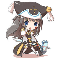 Rule 34 | 1girl, arch bishop (ragnarok online), bell, black hat, blue eyes, chibi, cleavage cutout, clothing cutout, club (shape), commentary request, cross, diamond (shape), dress, facial tattoo, female focus, fishnet thighhighs, fishnets, full body, grey hair, hammer, hat, holding, holding hammer, jingle bell, juliet sleeves, long hair, long sleeves, looking at viewer, mob cap, natsuya (kuttuki), open mouth, puffy sleeves, ragnarok online, sash, simple background, solo, standing, tassel, tattoo, thighhighs, two-tone dress, war hammer, weapon, white background, white dress, white footwear, white thighhighs, yellow sash