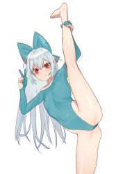 Rule 34 | 1girl, aqua bow, aqua leotard, bad id, bad twitter id, barefoot, beijuu, bow, closed mouth, covered navel, girls&#039; frontline, hair bow, highleg, highleg leotard, leotard, long hair, looking at viewer, red eyes, silver hair, simple background, smile, solo, split, standing, standing on one leg, standing split, tokarev (girls&#039; frontline), v, white background