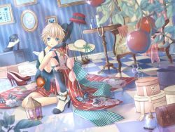 Rule 34 | 1boy, apple, armchair, bad id, bad pixiv id, black gloves, blonde hair, blue eyes, blurry, bottle, bow, box, bra, unworn bra, buckle, bug, butterfly, cage, chair, checkered floor, cosmetics, depth of field, floral print, food, framed insect, fruit, gloves, hat, hat bow, hat box, unworn hat, hat ribbon, head rest, unworn headwear, high heels, insect, insect cage, jewelry, unworn jewelry, kagamine len, knee up, kneehighs, light frown, lipstick tube, looking at viewer, makeup, male focus, mirror, mokona1107, nail polish bottle, necklace, unworn necklace, on floor, pearl necklace, pectorals, perfume bottle, picture frame, pink bra, plant, reflective floor, ribbon, shoebox, sitting, socks, solo, sun hat, table, treasure chest, underwear, vocaloid