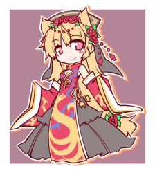 Rule 34 | 1girl, adapted costume, animal ears, black dress, blonde hair, blush stickers, chinese clothes, detached sleeves, dress, flower, fox ears, hair flower, hair ornament, hemogurobin a1c, junko (touhou), kemonomimi mode, long hair, long sleeves, looking at viewer, pink eyes, sleeves past wrists, smile, solo, tabard, touhou, very long hair, wide sleeves