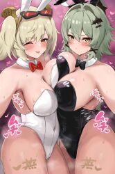 2girls :p black_horns blonde_hair blush body_writing breast_press breasts burnice_white caesar_king_(zenless_zone_zero) curvy eyewear_on_head green_hair hair_between_eyes hair_intakes hair_ornament hairclip heart highres horns izumo_eoekaki leotard motion_lines multiple_girls one_eye_closed playboy_bunny plump pout steaming_body sweat symmetrical_docking take_your_pick thighs tinted_eyewear tongue tongue_out variant_set x_hair_ornament zenless_zone_zero