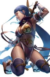 Rule 34 | 1girl, aduti momoyama, blue hair, bodysuit, bow (weapon), breasts, cleavage, cross scar, drawing sword, fire emblem, fire emblem fates, fire emblem heroes, fishnet bodysuit, fishnets, gloves, highres, holding, holding bow (weapon), holding sword, holding weapon, japanese clothes, kneeling, large breasts, long hair, looking at viewer, low ponytail, mature female, ninja, nintendo, official alternate costume, ponytail, purple eyes, purple scarf, purple thighhighs, reina (fire emblem), reina (ninja) (fire emblem), sandals, scar, scar on face, scarf, shuriken hair ornament, smile, solo, sword, thighhighs, weapon, zouri