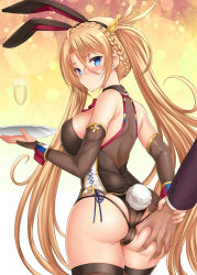 Rule 34 | 1girl, akino hamo, animal ears, ass, ass grab, bare shoulders, black gloves, black leotard, black thighhighs, blonde hair, blue eyes, bradamante (fate), bradamante (welcome bunny) (fate), breasts, bridal gauntlets, cup, drinking glass, elbow gloves, fate/grand order, fate (series), from behind, gloves, grabbing another&#039;s ass, groping, highres, holding, holding tray, large breasts, leotard, long hair, rabbit ears, solo focus, thighhighs, tray, twintails, very long hair, wrist cuffs