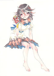 Rule 34 | 1girl, barefoot, black hair, bracelet, collar, dress, eating, food, frilled collar, frilled shirt collar, frills, full body, giving, grey horns, highres, horns, jewelry, kijin seija, legs, looking at viewer, mouth hold, multicolored hair, pocky, red eyes, red hair, religious offering, seastar, short hair, short sleeves, simple background, sitting, solo, streaked hair, thighs, toes, touhou, white background, white dress, white hair