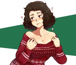 Rule 34 | 1girl, blush, breasts, brown hair, chief (91m10), christmas, christmas sweater, cleavage, closed mouth, embarrassed, green background, heart, kawakami sadayo, large breasts, long sleeves, looking to the side, persona, persona 5, red sweater, short hair, snowflakes, sweater, two-tone background
