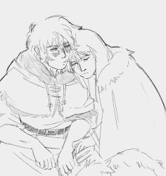 2boys absurdres androgynous belt blush canute cape closed_eyes dagger eyelashes fur fur_collar fur_trim highres hood knife long_hair looking_at_another male_focus messy_hair monochrome multiple_boys prince sketch sleeping thorfinn viking vinland_saga weapon yaoi