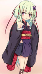 Rule 34 | 1girl, bare shoulders, black skirt, blush, brown background, closed mouth, commentary request, green hair, hands up, japanese clothes, jiu (sdesd3205), kimono, long hair, long sleeves, murasame (senren), obi, pinching sleeves, pleated skirt, purple kimono, red eyes, sash, senren banka, simple background, skirt, smile, solo, speech bubble, two side up, very long hair, wide sleeves