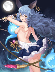 Rule 34 | 1girl, absurdres, animal ears, arm up, armpits, aura, back, backless dress, backless outfit, bare shoulders, black gloves, blue hair, blush, breasts, cowboy shot, curly hair, dress, earrings, erune, ferry (granblue fantasy), frilled dress, frills, from behind, fugee (granblue fantasy), full moon, ghost, gloves, granblue fantasy, hair between eyes, highres, holding, holding whip, jewelry, long hair, looking at viewer, looking back, medium breasts, moon, nekosama shugyouchuu, nicola (granblue fantasy), night, night sky, open mouth, sideboob, single earring, sky, sleeveless, sleeveless dress, solo, star (sky), starry sky, swinging, teeth, thighs, upper teeth only, very long hair, whip, yellow eyes