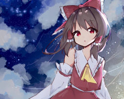 Rule 34 | 1girl, ascot, bad id, bad pixiv id, bare shoulders, blue sky, blush, bow, brown hair, cloud, cloudy sky, collar, collared shirt, commentary request, detached sleeves, eyes visible through hair, frills, gradient sky, hair between eyes, hair ornament, hair tubes, hakurei reimu, kiri y, long sleeves, looking at viewer, moonlight, night, night sky, open mouth, red bow, red eyes, red skirt, red vest, shadow, shirt, short hair, skirt, sky, solo, standing, star (sky), starry sky, touhou, vest, white shirt, wide sleeves, yellow ascot