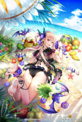 Rule 34 | 1girl, ahoge, animal, ankle ribbon, apple, ass, banana, barefoot, bat (animal), beach, beach mat, bikini, black bikini, blonde hair, bracelet, breasts, butterfly hair ornament, cloud, day, flower, flower anklet, food, from behind, fruit, grapes, hair ornament, highres, holding, jewelry, leg ribbon, legs up, long hair, looking at viewer, looking back, lying, medium breasts, nemusuke, ocean, official art, on stomach, outdoors, pineapple, pointy ears, red eyes, ribbon, romancing saga re;universe, sand, see-through, slit pupils, solo, swimsuit, thighs, vampire lady (romancing saga), water, watermark, watermelon