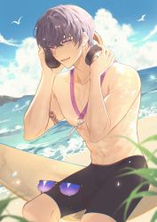 Rule 34 | 1boy, :d, absurdres, beach, black jammers, black male swimwear, blue sky, chromatic aberration, cloud, cloudy sky, headphones, highres, holding, holding headphones, jammers, jiukuzi18797, male swimwear, marius von hagen (tears of themis), navel, open mouth, outdoors, purple eyes, purple hair, sand, short hair, sky, smile, solo, sunglasses, swimsuit, tears of themis, topless male, water