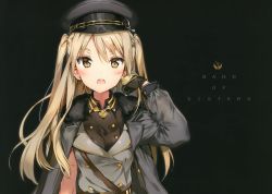 Rule 34 | 1girl, :o, absurdres, anmi, belt, black gloves, blush, brown eyes, cowboy shot, cross, glint, gloves, tucking hair, hat, highres, iron cross, jacket, jacket on shoulders, light brown hair, long hair, looking at viewer, military, military hat, military uniform, open mouth, original, peaked cap, simple background, solo, two side up, uniform