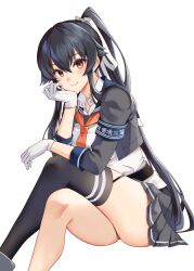 Rule 34 | 1girl, black hair, black thighhighs, blue sailor collar, blush, closed mouth, collared shirt, commentary, gloves, grey jacket, grey skirt, hair between eyes, ichinomiya (blantte), jacket, kantai collection, long hair, neckerchief, open clothes, open jacket, orange eyes, orange neckerchief, pleated skirt, ponytail, sailor collar, shirt, simple background, single thighhigh, skirt, smile, solo, thighhighs, very long hair, white background, white gloves, white shirt, yahagi (kancolle), yahagi kai ni (kancolle)